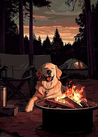 Happy Dog Camping by Fire