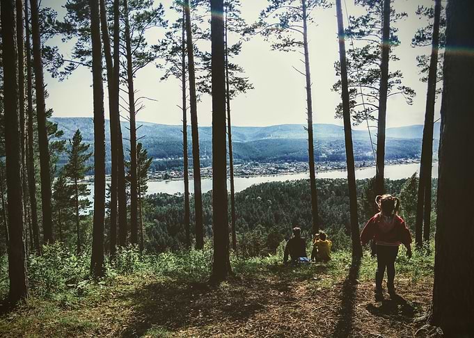 Children in Forest Overlooking Lake