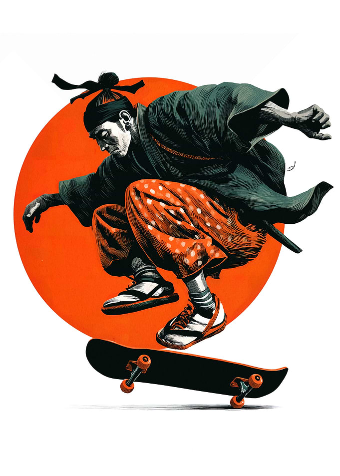 Samurai Skateboarder with Orange Sun