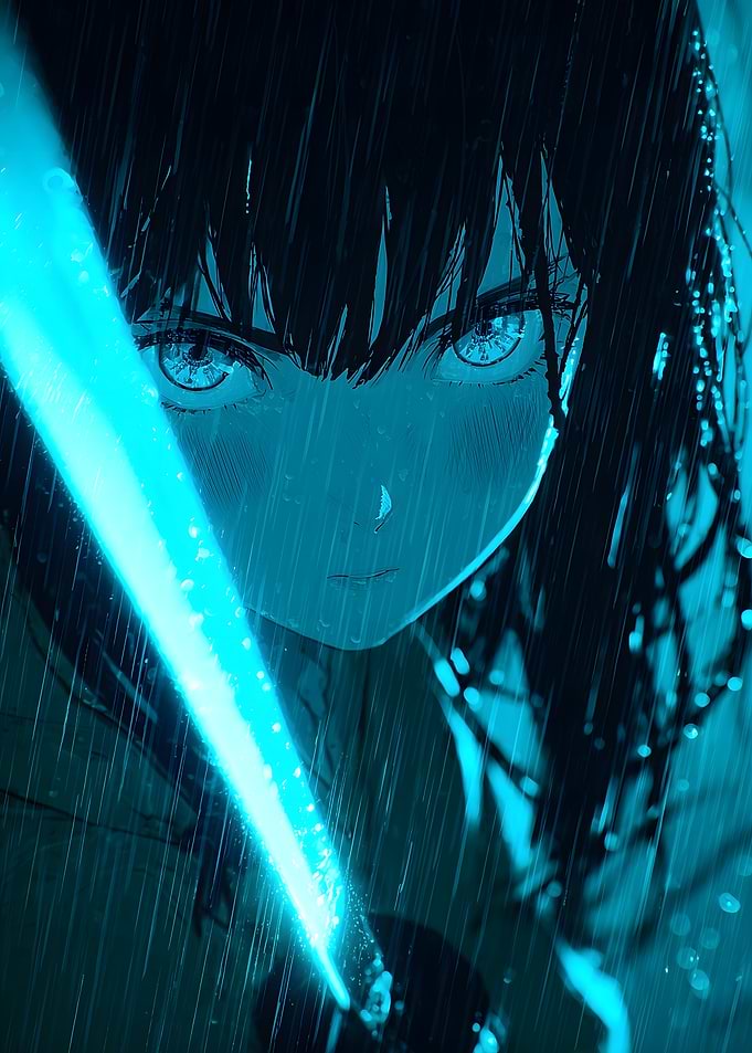 Anime Girl Glowing Sword in Rain