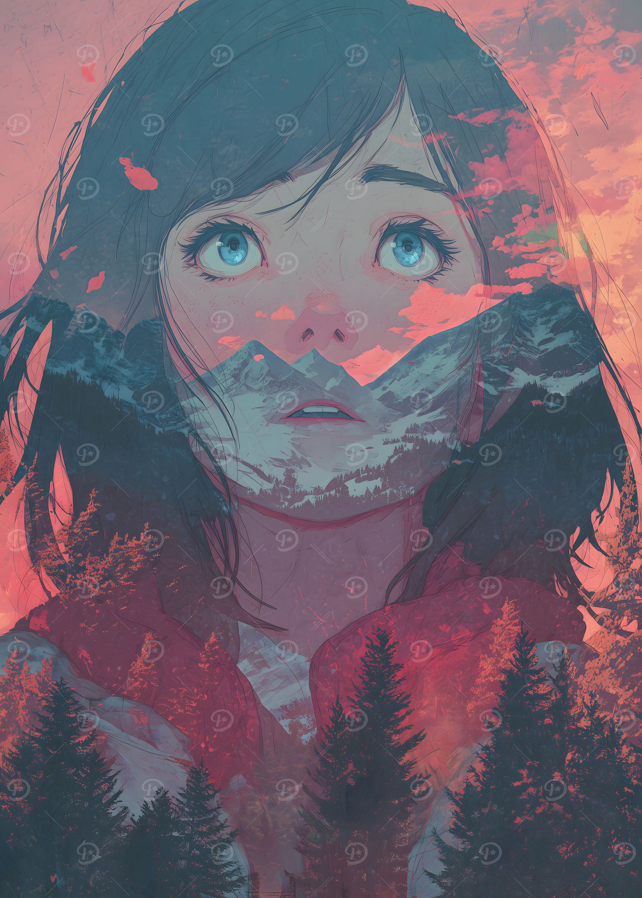 Anime Girl with Mountain Landscape Overlay