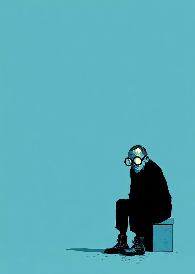 Man with Glasses Sitting on Box