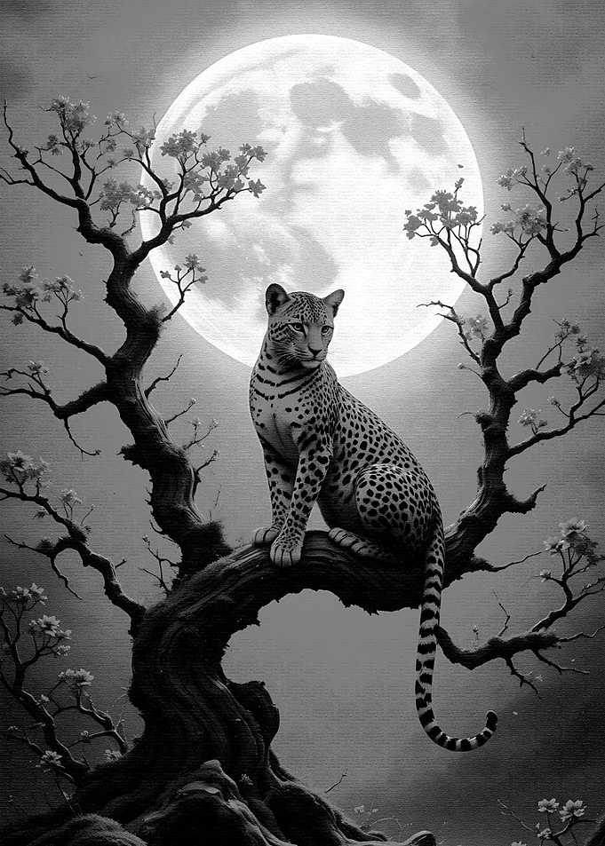 Leopard in Tree Under Full Moon