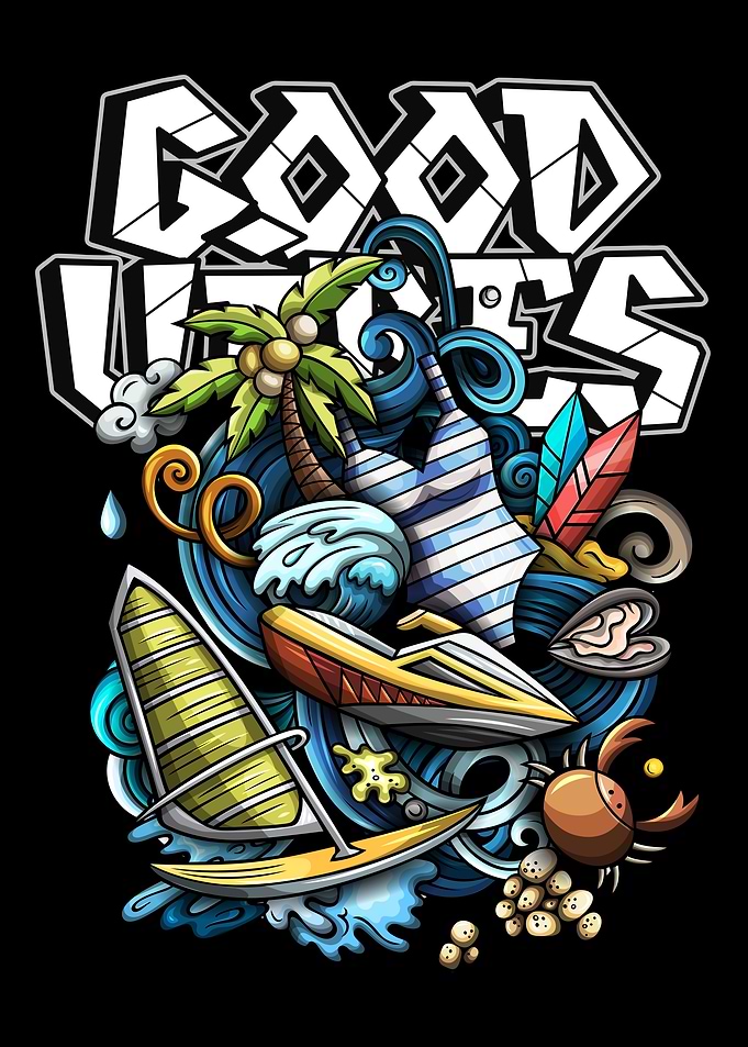 Good Vibes Beach Cartoon Illustration