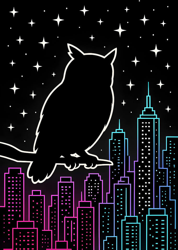 Owl Perched Above Neon Cityscape