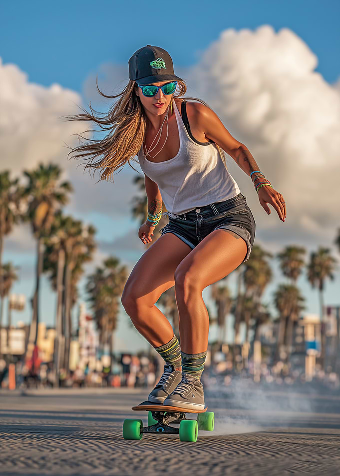 Woman skateboarding on beach boardwalk