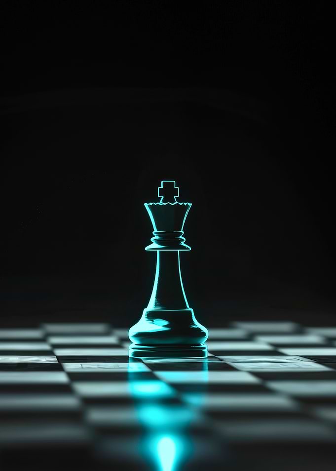 Neon Blue Chess King on Checkered Board