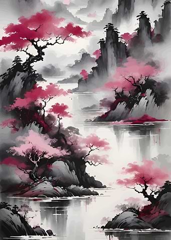 Pink Blossom Asian Landscape Painting