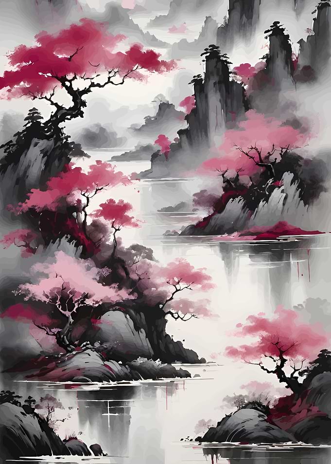 Pink Blossom Asian Landscape Painting
