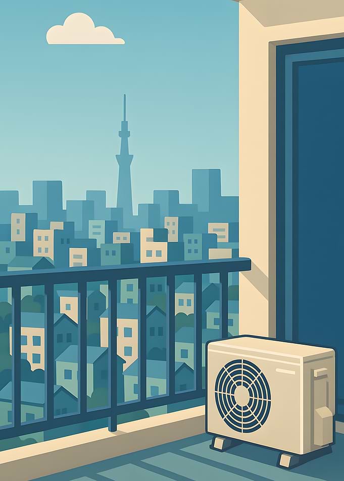 Tokyo cityscape from balcony with air conditioner