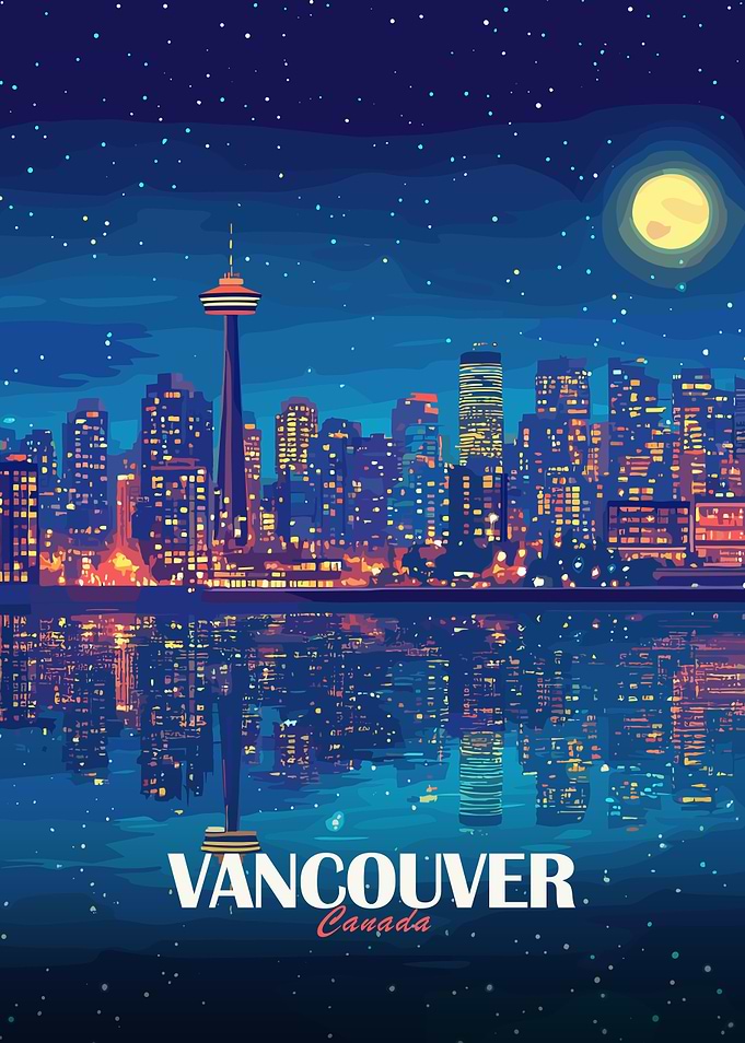 Vancouver Canada Night Skyline Illustration