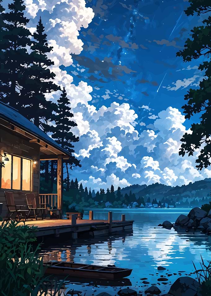 Lakeside Cabin at Night