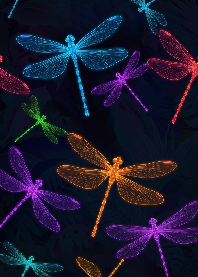 Colorful Dragonflies Pattern on Dark Background