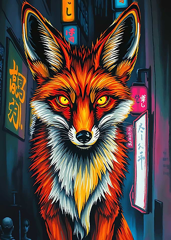 Fox in Neon Japanese Cityscape