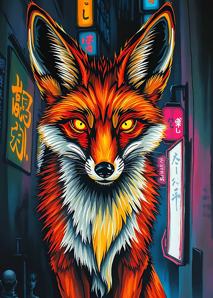 Fox in Neon Japanese Cityscape