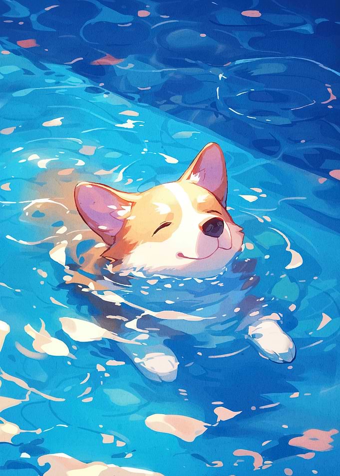 Happy Corgi Swimming Water