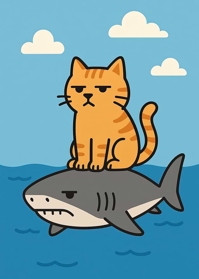 Funny Stoic Cat Riding a Shark