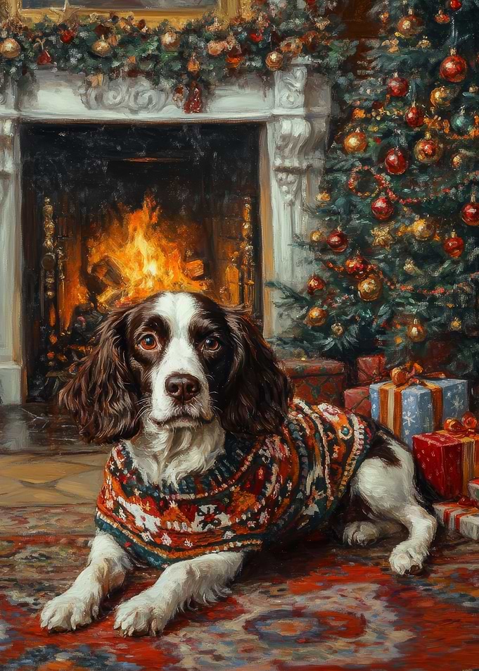 English Springer Spaniel by Fireplace | Dog in Sweater Christmas Art