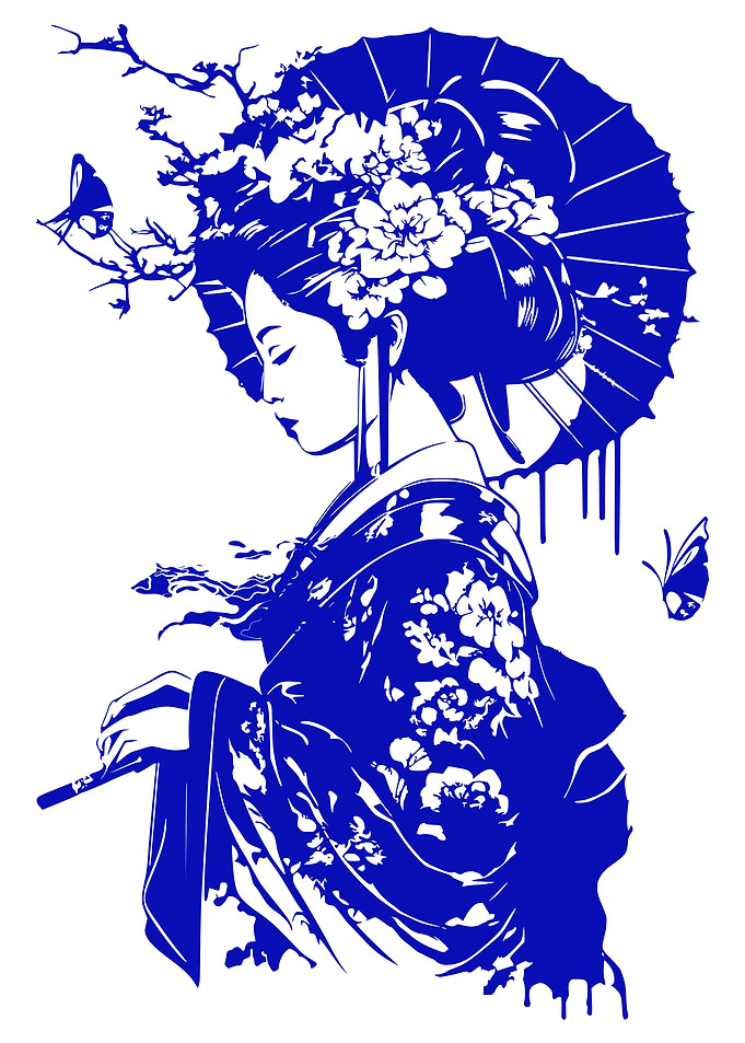 Blue Geisha with Umbrella and Flowers