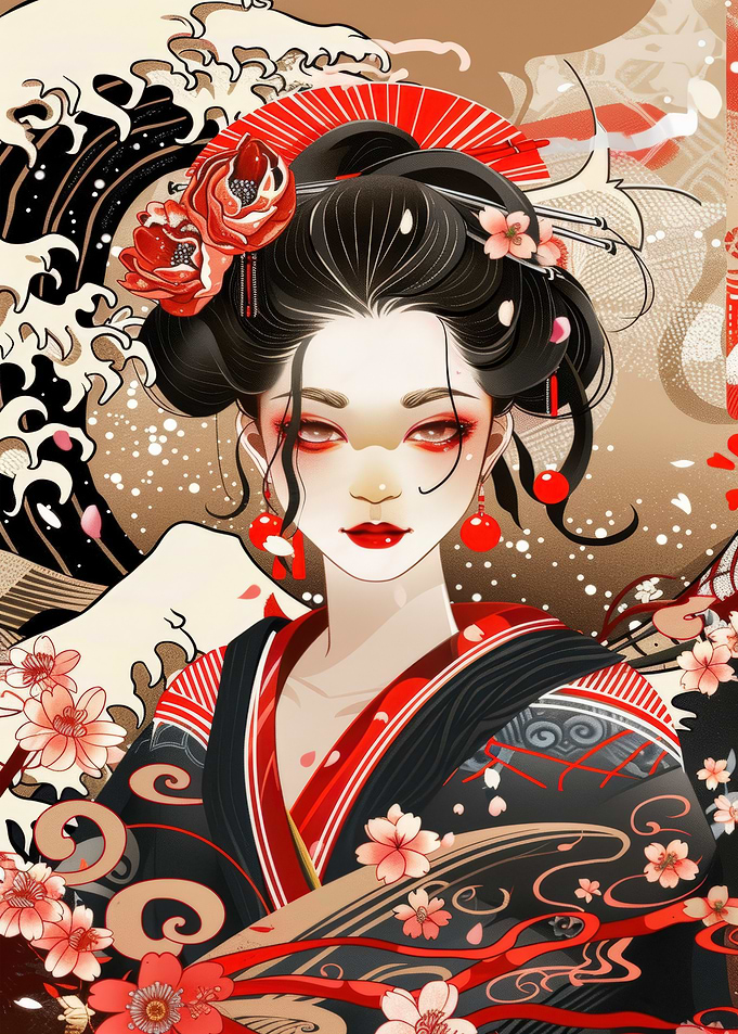 Geisha Portrait with Floral and Wave Motifs