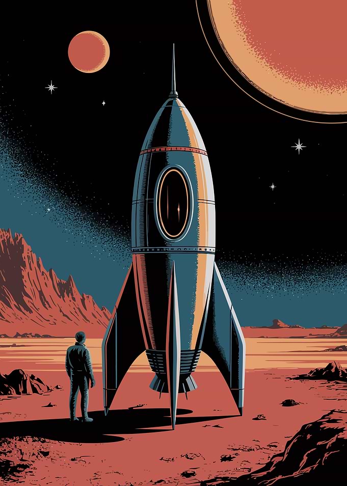 Retro Rocket on Mars Illustration