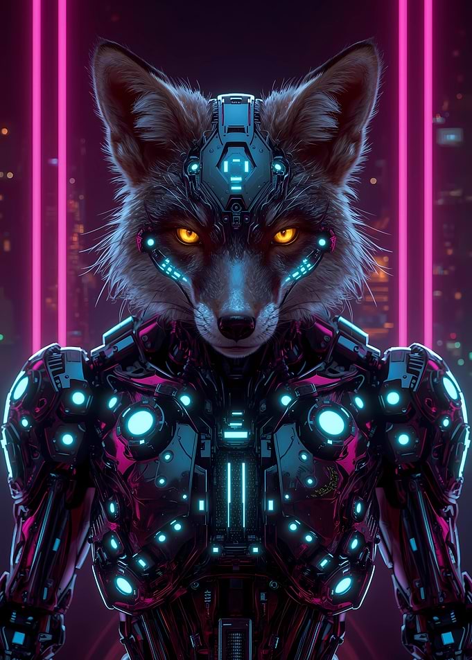 Cyberpunk Fox Warrior in Neon Cityscape