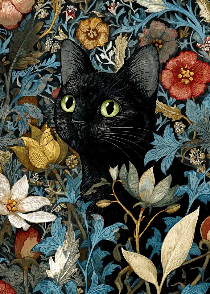 Black Cat in Floral Garden