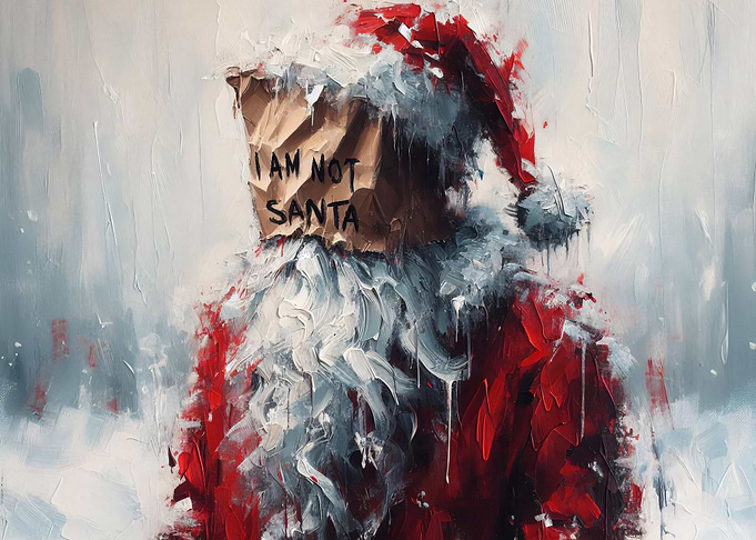 A Painting of an exhausted Santa Claus