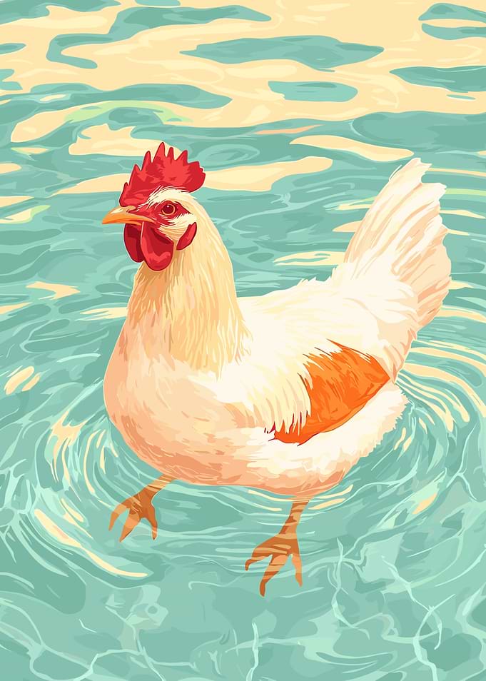 Chicken wading in water illustration