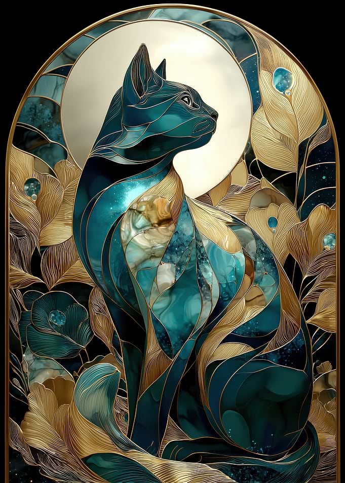 Elegant Teal and Gold Cat Art