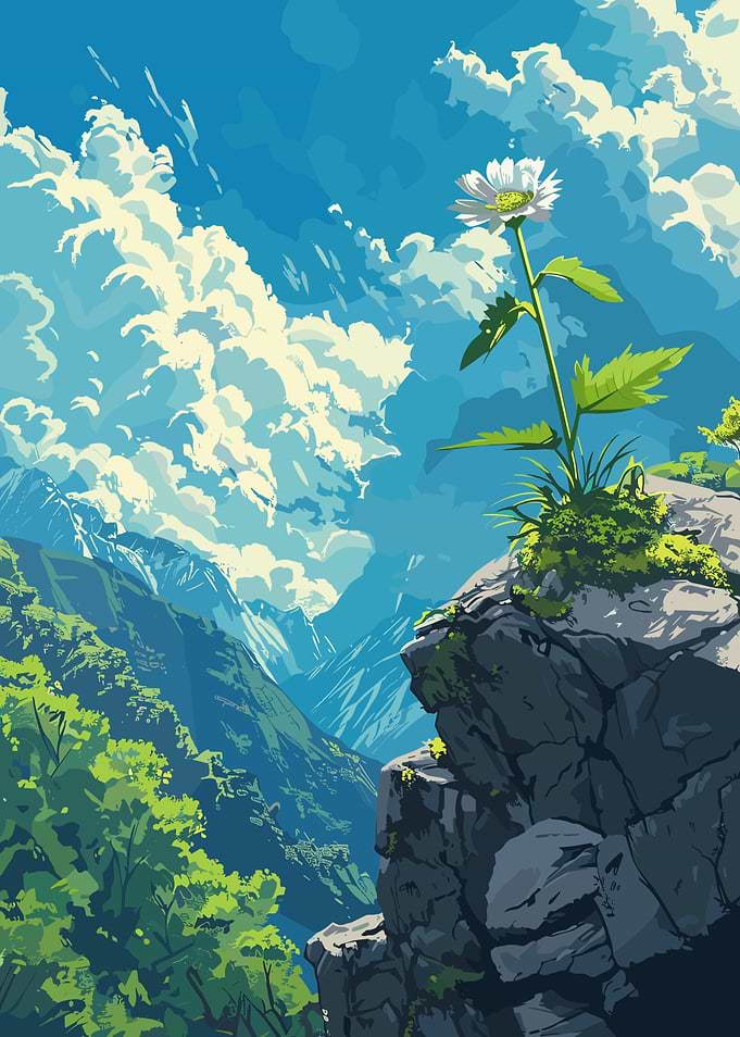 Daisy on Mountain Peak Landscape