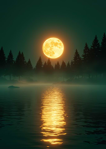 Full Moon Over Misty Lake