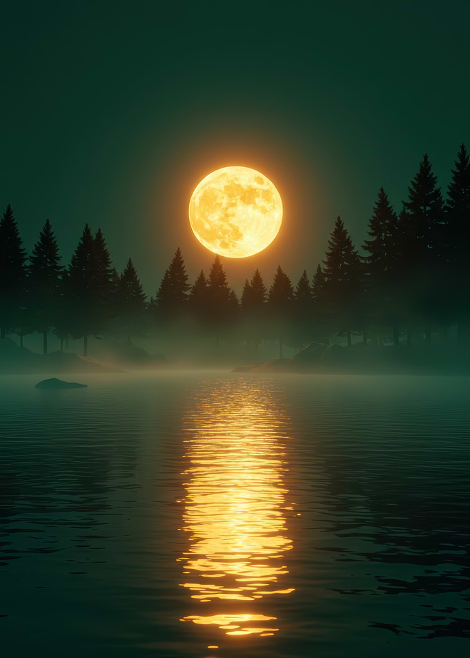 Full Moon Over Misty Lake