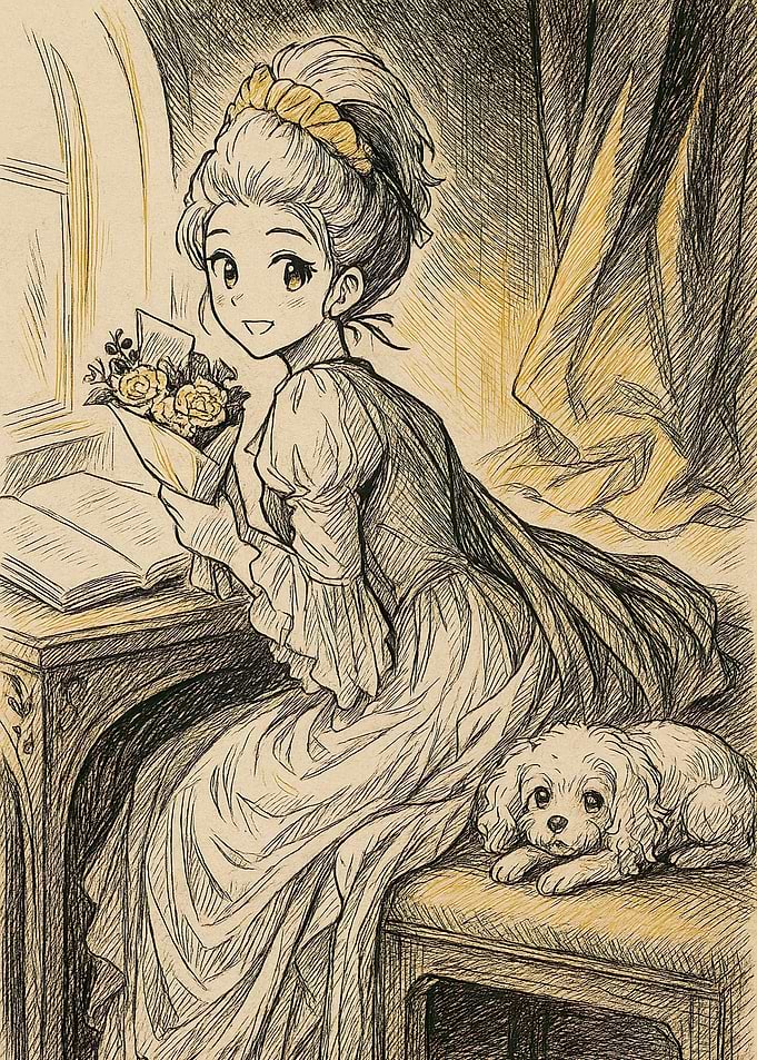 Anime Girl with Dog and Flowers