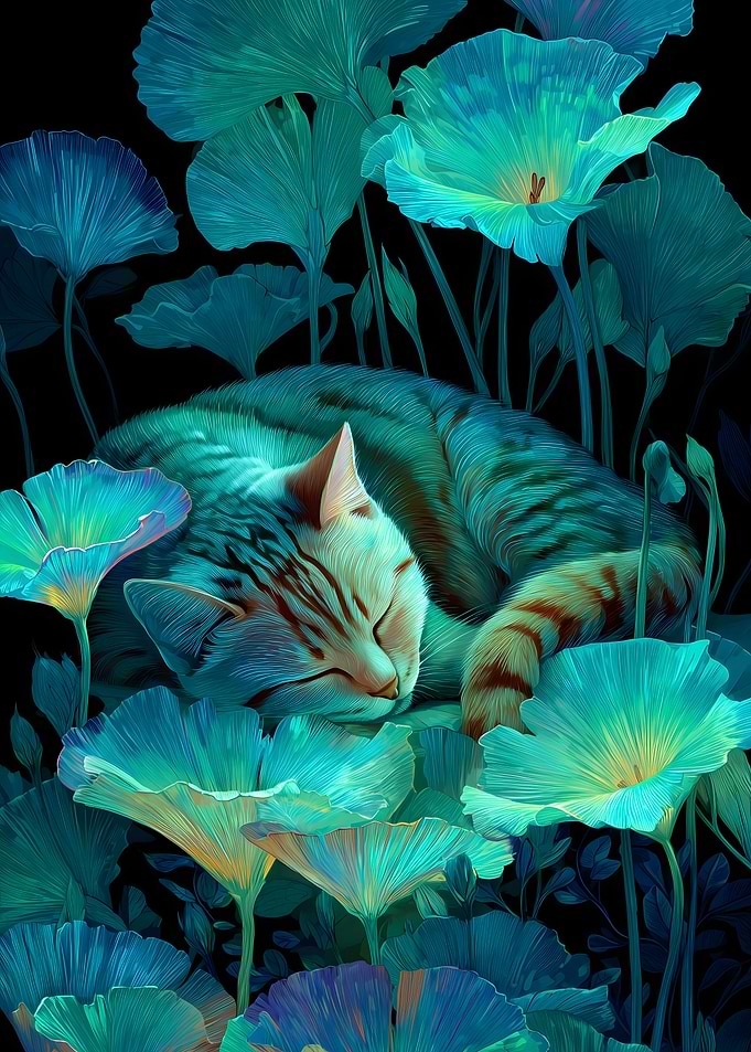 Sleeping Cat in Teal Floral Garden