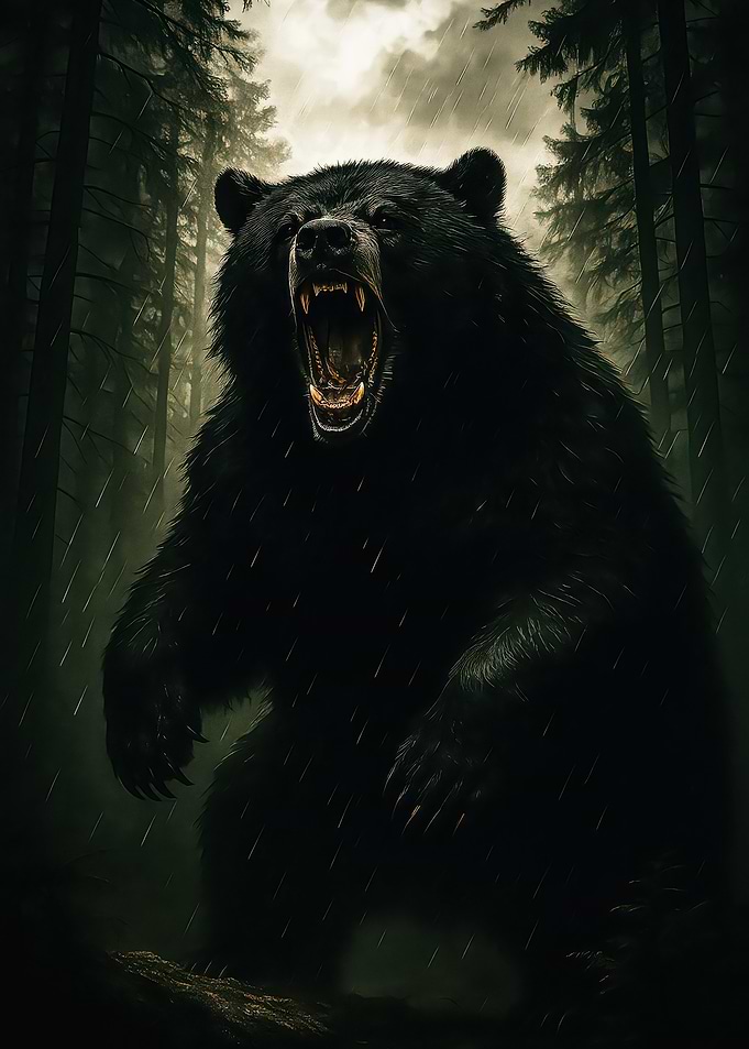 Roaring Black Bear in Rainy Forest