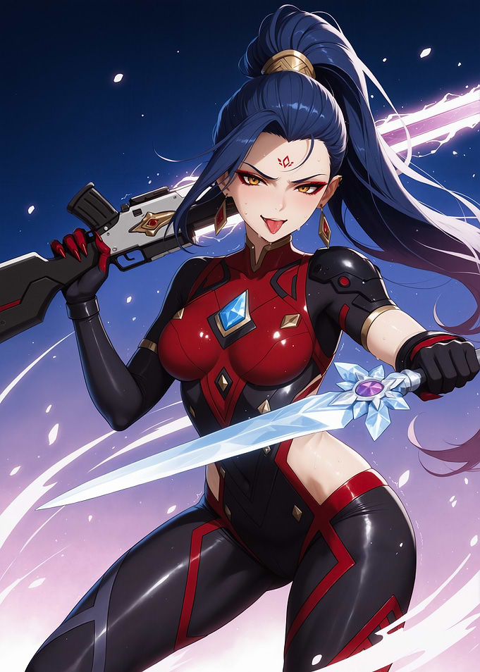 Anime Warrior Girl with Sword and Gun