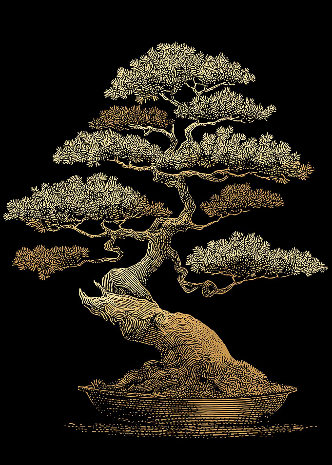 Golden Bonsai Tree on Black Background