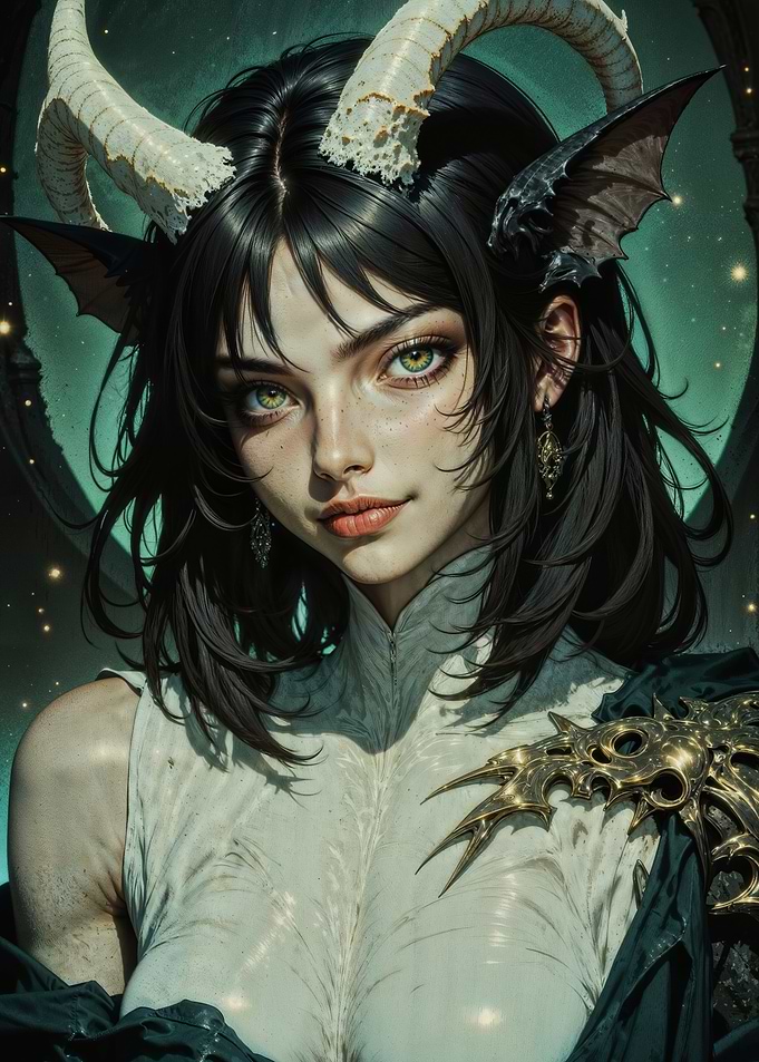Ethereal Enchantress: Dark Fantasy Portrait with Mystical Horns and Golden Accents