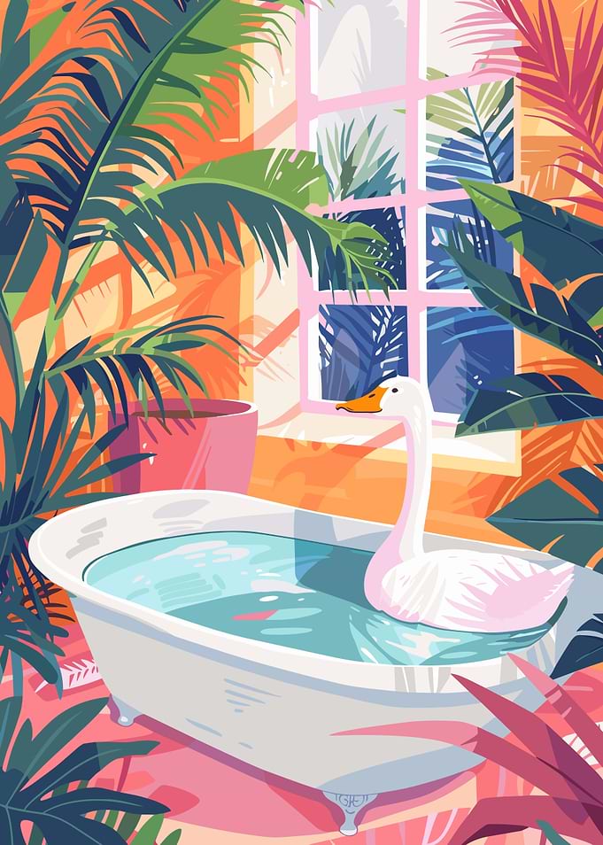 Swan in Bathtub with Tropical Plants