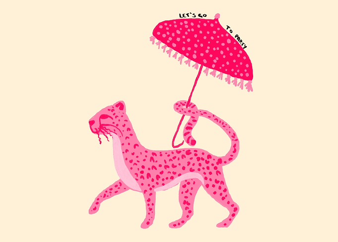 Pink Leopard with Umbrella Illustration