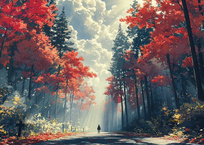 Autumn Forest Path with Figure