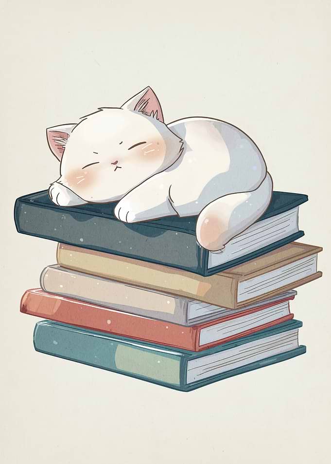 Sleeping Cat on Books Illustration