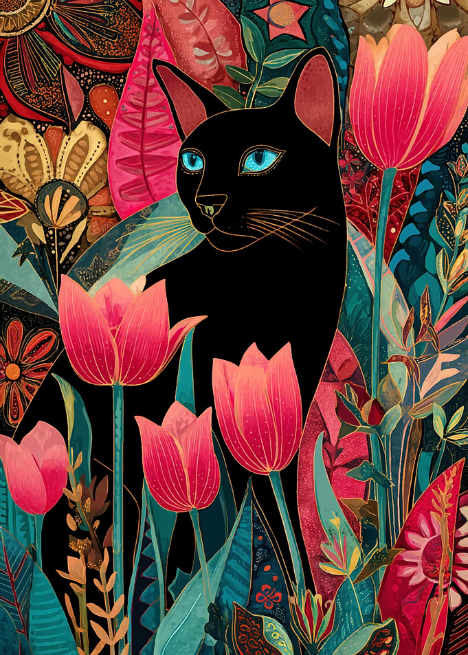 Black Cat in Floral Garden