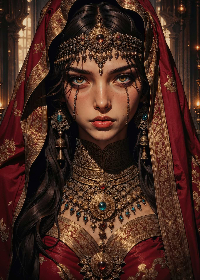 Regal Eastern Enchantress in Opulent Red and Gold Attire