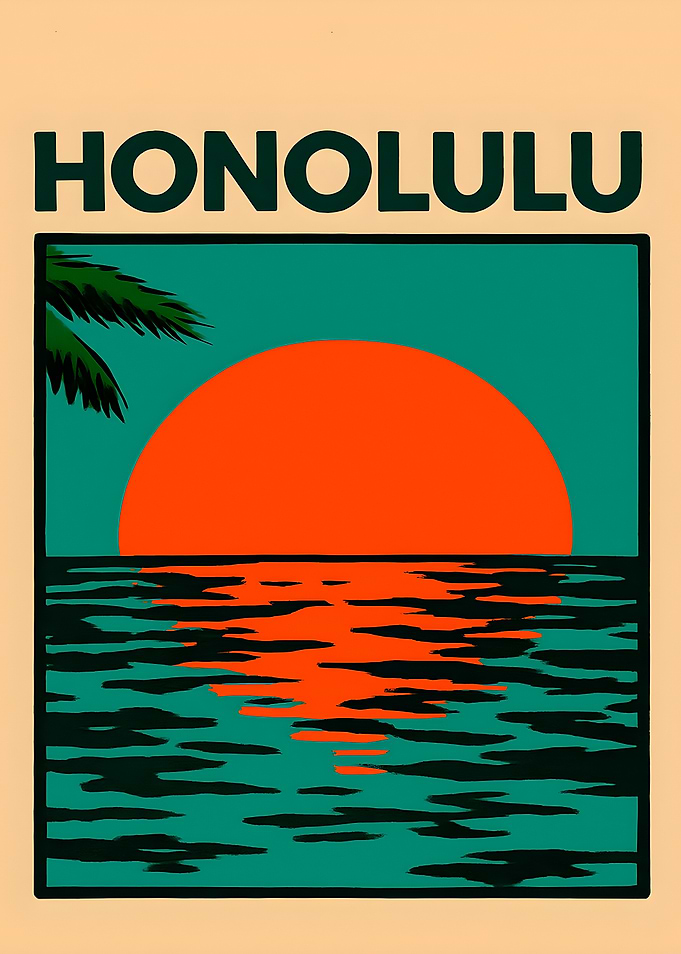 Honolulu Sunset Retro Travel Poster
