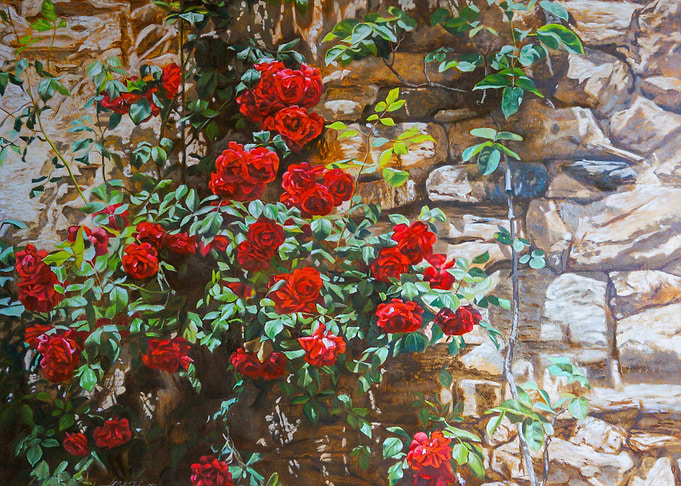 Red Roses on Stone Wall Painting
