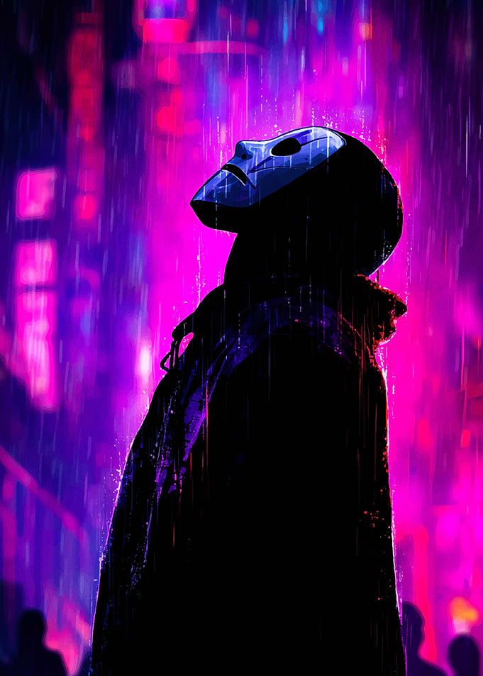 Masked Figure in Rainy Cityscape