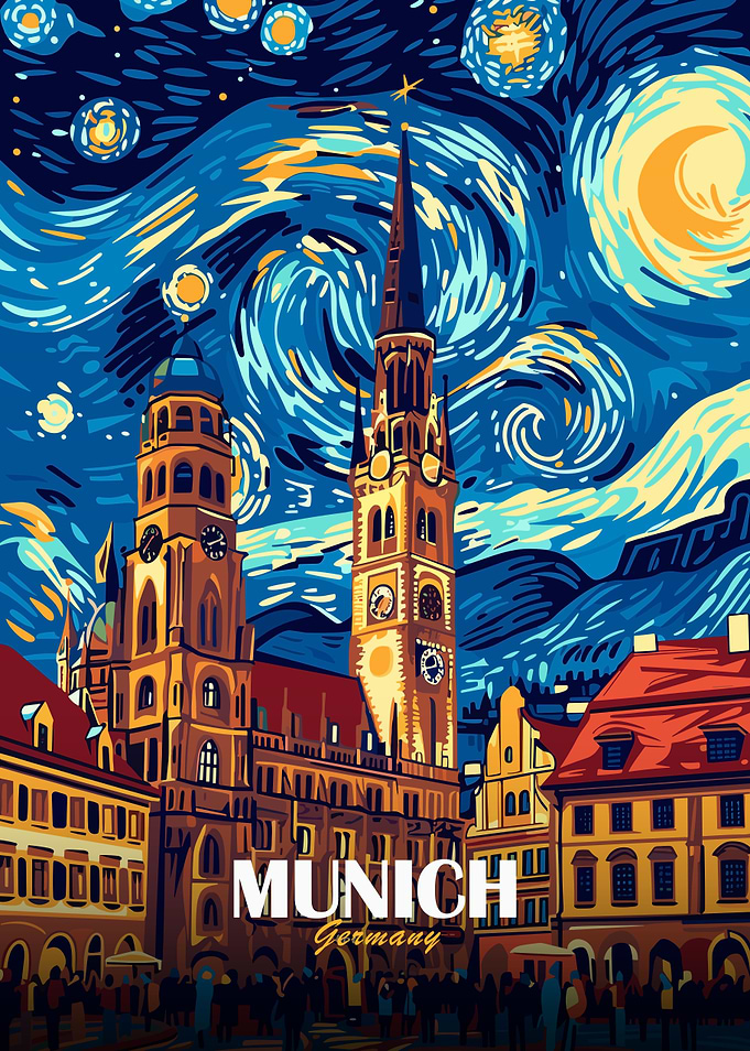 Munich Germany Cityscape Starry Night Style