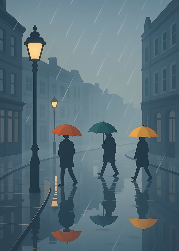 Rainy City Street with Umbrellas